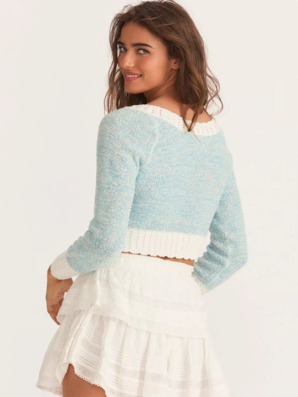 LoveShackFancy Exclusive Geneve Crop Cardigan Sweater in Cotton Candy Blue - Picture 7 of 11